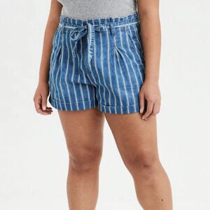 American Eagle striped paper bag waisted cuffed chambray shorts SZ  2